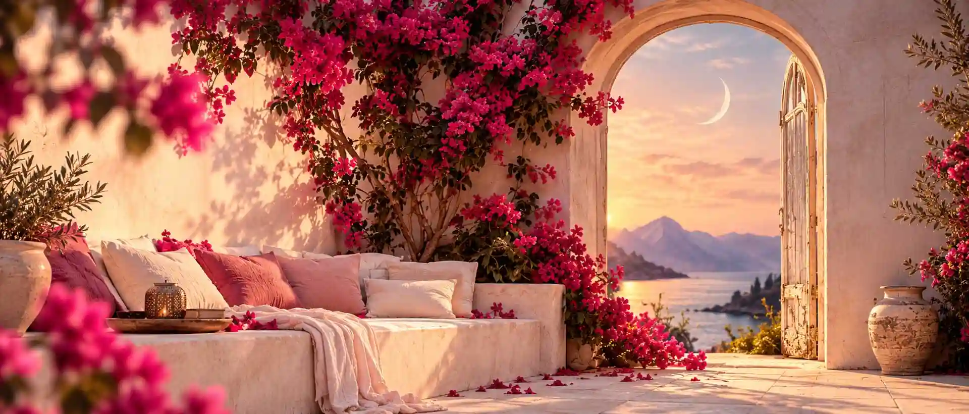 Terraza mediterránea con arco, buganvillas y paisaje al atardecer